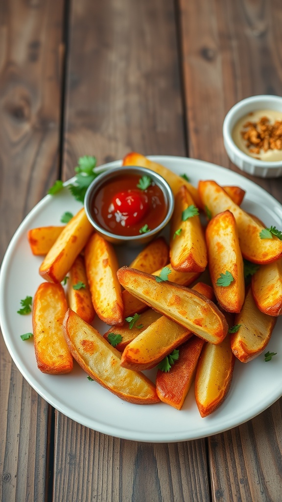 Crispy baked potato wedges with parsley, served with ketchup on a rustic table.